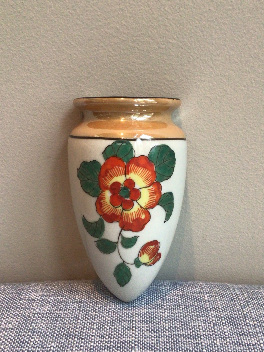 Vintage Japan Lusterware Wall Pocket Vase Hand Painted Flower Glossy Peach